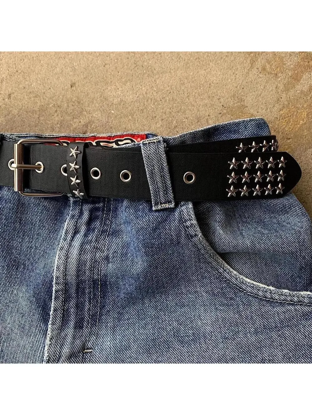 Cyber Y2k 2000s style star studded grunge emo black and silver belt. High